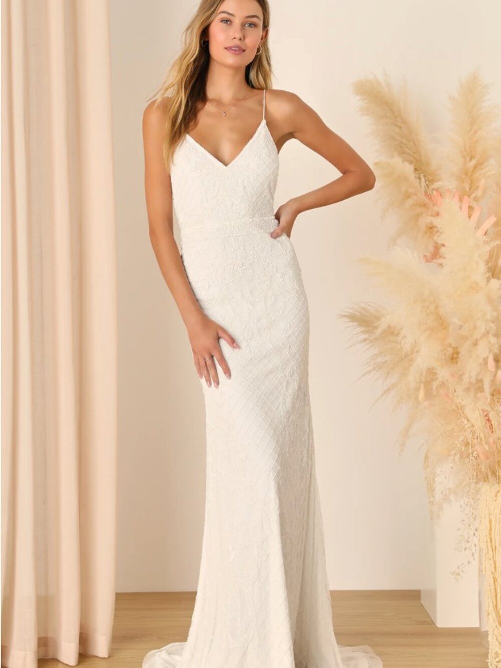 NWT Lulu's Cherished Vow White Beaded Backless Mermaid Maxi Dress Size 0
